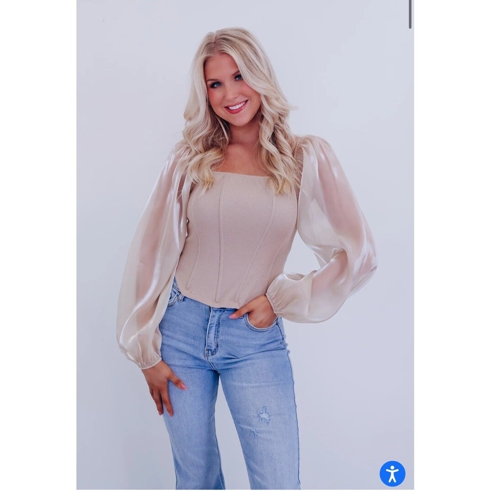 ODDI‎ women's size M ONA ORGANZA SLEEVE CORSET TOP - TAUPE